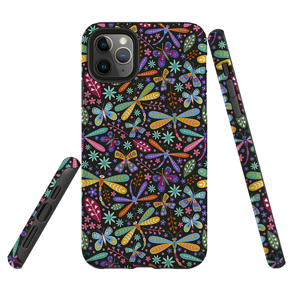iPhone phone case-Dragonflies Multi By Suzy Taylor-Product Details Raised bevel to protect screen from scratches. Impact resistant polycarbonate shell and shock absorbing inner TPU liner. Secure fit with design wrapping around side of the case and full access to ports. Compatible with Qi-standard wireless charging. Thickness 1/8 inch (3mm), weight 30g. Compatibility See drop down menu for options, please select the right case as we print to order.-Stringberry