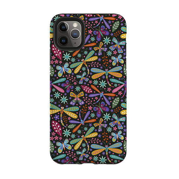 iPhone phone case-Dragonflies Multi By Suzy Taylor-Product Details Raised bevel to protect screen from scratches. Impact resistant polycarbonate shell and shock absorbing inner TPU liner. Secure fit with design wrapping around side of the case and full access to ports. Compatible with Qi-standard wireless charging. Thickness 1/8 inch (3mm), weight 30g. Compatibility See drop down menu for options, please select the right case as we print to order.-Stringberry