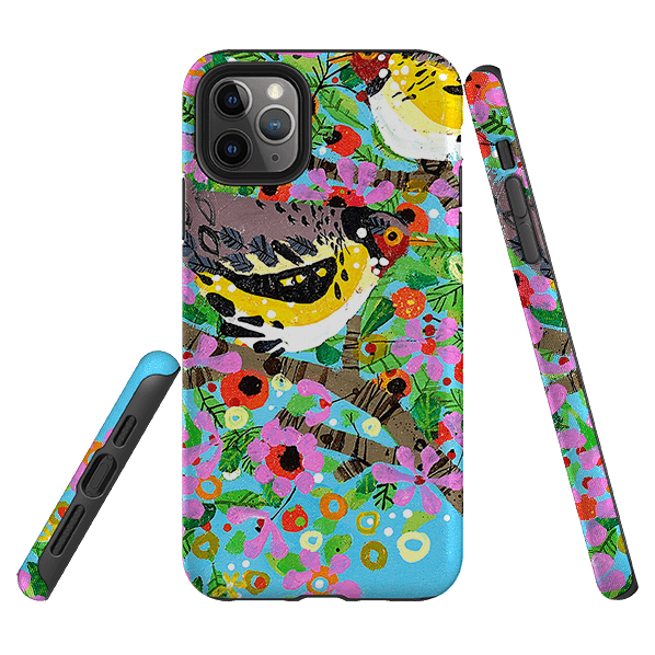 iPhone phone case-Finches By Claire West-Product Details Raised bevel to protect screen from scratches. Impact resistant polycarbonate shell and shock absorbing inner TPU liner. Secure fit with design wrapping around side of the case and full access to ports. Compatible with Qi-standard wireless charging. Thickness 1/8 inch (3mm), weight 30g. Compatibility See drop down menu for options, please select the right case as we print to order.-Stringberry