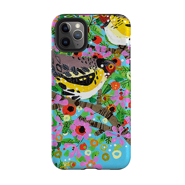 iPhone phone case-Finches By Claire West-Product Details Raised bevel to protect screen from scratches. Impact resistant polycarbonate shell and shock absorbing inner TPU liner. Secure fit with design wrapping around side of the case and full access to ports. Compatible with Qi-standard wireless charging. Thickness 1/8 inch (3mm), weight 30g. Compatibility See drop down menu for options, please select the right case as we print to order.-Stringberry