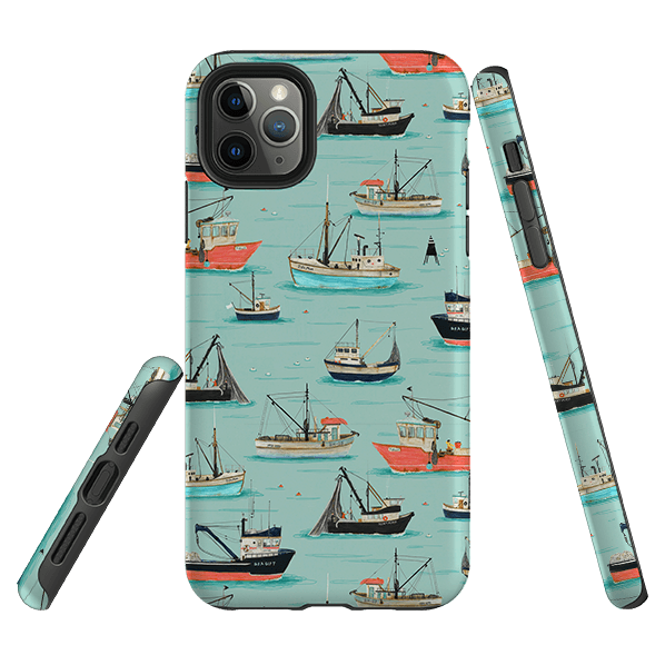 iPhone phone case-Fishing Boats By Katherine Quinn-Product Details Raised bevel to protect screen from scratches. Impact resistant polycarbonate shell and shock absorbing inner TPU liner. Secure fit with design wrapping around side of the case and full access to ports. Compatible with Qi-standard wireless charging. Thickness 1/8 inch (3mm), weight 30g. Compatibility See drop down menu for options, please select the right case as we print to order.-Stringberry