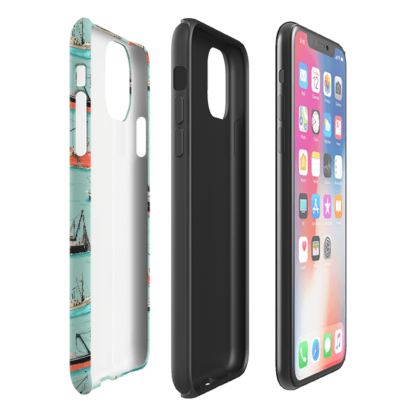 iPhone phone case-Fishing Boats By Katherine Quinn-Product Details Raised bevel to protect screen from scratches. Impact resistant polycarbonate shell and shock absorbing inner TPU liner. Secure fit with design wrapping around side of the case and full access to ports. Compatible with Qi-standard wireless charging. Thickness 1/8 inch (3mm), weight 30g. Compatibility See drop down menu for options, please select the right case as we print to order.-Stringberry