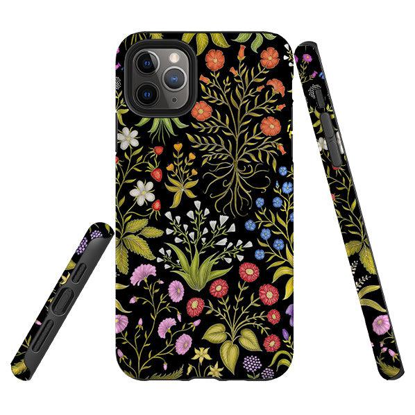 iPhone phone case-Fleurs Black By Catherine Rowe-Product Details Raised bevel to protect screen from scratches. Impact resistant polycarbonate shell and shock absorbing inner TPU liner. Secure fit with design wrapping around side of the case and full access to ports. Compatible with Qi-standard wireless charging. Thickness 1/8 inch (3mm), weight 30g. Compatibility See drop down menu for options, please select the right case as we print to order.-Stringberry