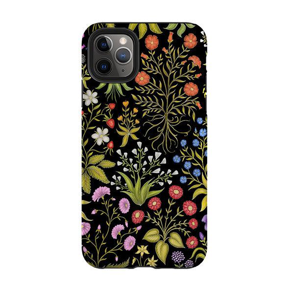 iPhone phone case-Fleurs Black By Catherine Rowe-Product Details Raised bevel to protect screen from scratches. Impact resistant polycarbonate shell and shock absorbing inner TPU liner. Secure fit with design wrapping around side of the case and full access to ports. Compatible with Qi-standard wireless charging. Thickness 1/8 inch (3mm), weight 30g. Compatibility See drop down menu for options, please select the right case as we print to order.-Stringberry