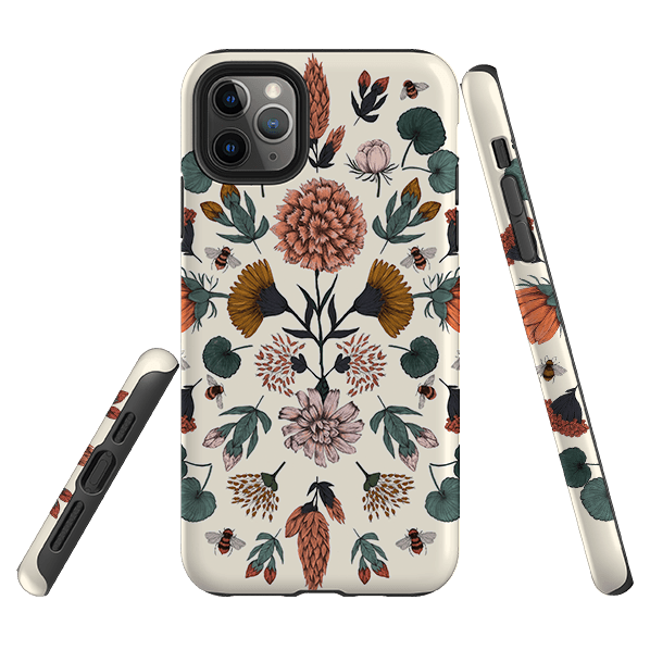 iPhone phone case-Floral Bees By Jade Mosinski-Product Details Raised bevel to protect screen from scratches. Impact resistant polycarbonate shell and shock absorbing inner TPU liner. Secure fit with design wrapping around side of the case and full access to ports. Compatible with Qi-standard wireless charging. Thickness 1/8 inch (3mm), weight 30g. Compatibility See drop down menu for options, please select the right case as we print to order.-Stringberry