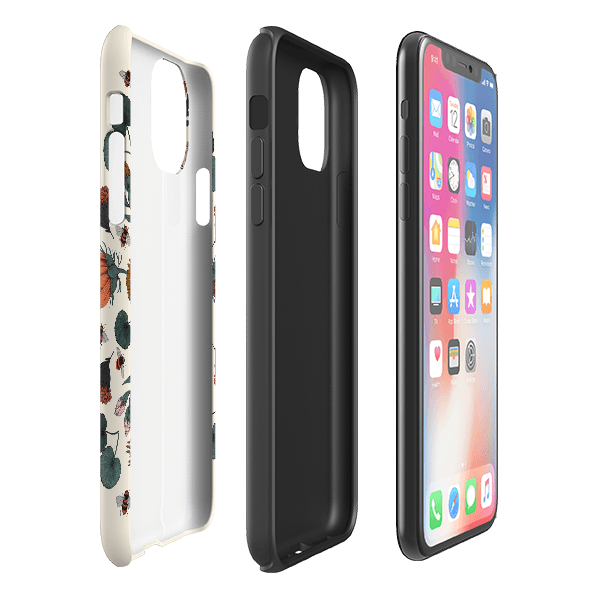 iPhone phone case-Floral Bees By Jade Mosinski-Product Details Raised bevel to protect screen from scratches. Impact resistant polycarbonate shell and shock absorbing inner TPU liner. Secure fit with design wrapping around side of the case and full access to ports. Compatible with Qi-standard wireless charging. Thickness 1/8 inch (3mm), weight 30g. Compatibility See drop down menu for options, please select the right case as we print to order.-Stringberry