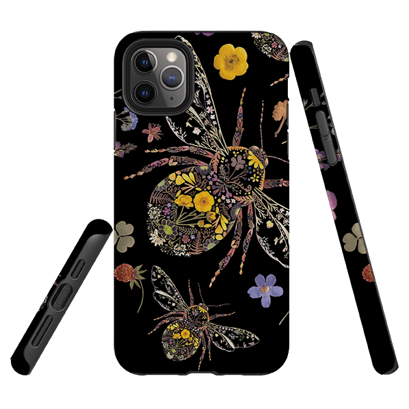 iPhone phone case-Floral Bumble Bees By Helen Ahpornsiri-Product Details Raised bevel to protect screen from scratches. Impact resistant polycarbonate shell and shock absorbing inner TPU liner. Secure fit with design wrapping around side of the case and full access to ports. Compatible with Qi-standard wireless charging. Thickness 1/8 inch (3mm), weight 30g. Compatibility See drop down menu for options, please select the right case as we print to order.-Stringberry