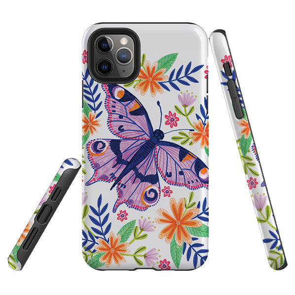 iPhone phone case-Floral Lilac Butterfly By Lee Foster Wilson-Product Details Raised bevel to protect screen from scratches. Impact resistant polycarbonate shell and shock absorbing inner TPU liner. Secure fit with design wrapping around side of the case and full access to ports. Compatible with Qi-standard wireless charging. Thickness 1/8 inch (3mm), weight 30g. Compatibility See drop down menu for options, please select the right case as we print to order.-Stringberry