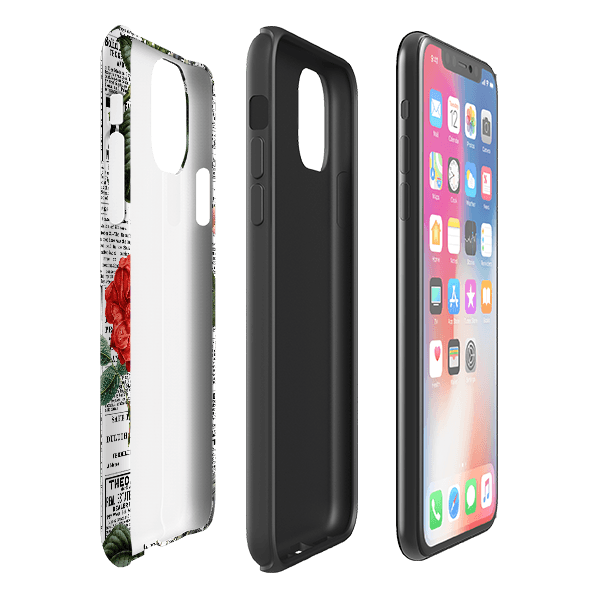 iPhone phone case-Floral Newsprint-Product Details Raised bevel to protect screen from scratches. Impact resistant polycarbonate shell and shock absorbing inner TPU liner. Secure fit with design wrapping around side of the case and full access to ports. Compatible with Qi-standard wireless charging. Thickness 1/8 inch (3mm), weight 30g. Compatibility See drop down menu for options, please select the right case as we print to order.-Stringberry