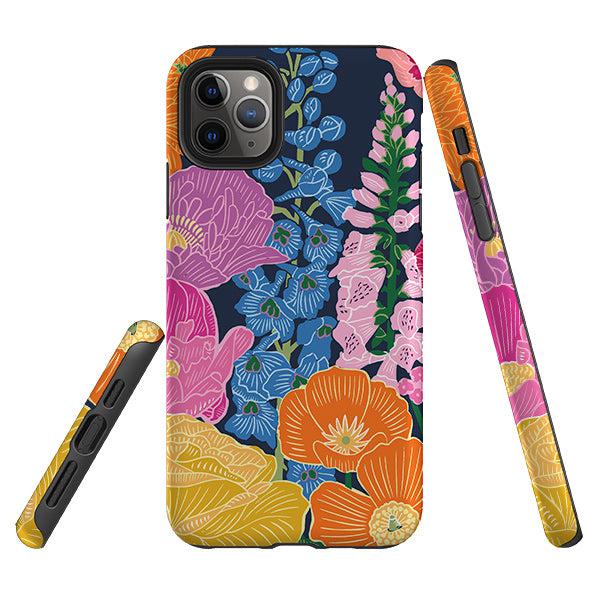 iPhone phone case-Flower Garden Navy By kate Heiss-Product Details Raised bevel to protect screen from scratches. Impact resistant polycarbonate shell and shock absorbing inner TPU liner. Secure fit with design wrapping around side of the case and full access to ports. Compatible with Qi-standard wireless charging. Thickness 1/8 inch (3mm), weight 30g. Compatibility See drop down menu for options, please select the right case as we print to order.-Stringberry