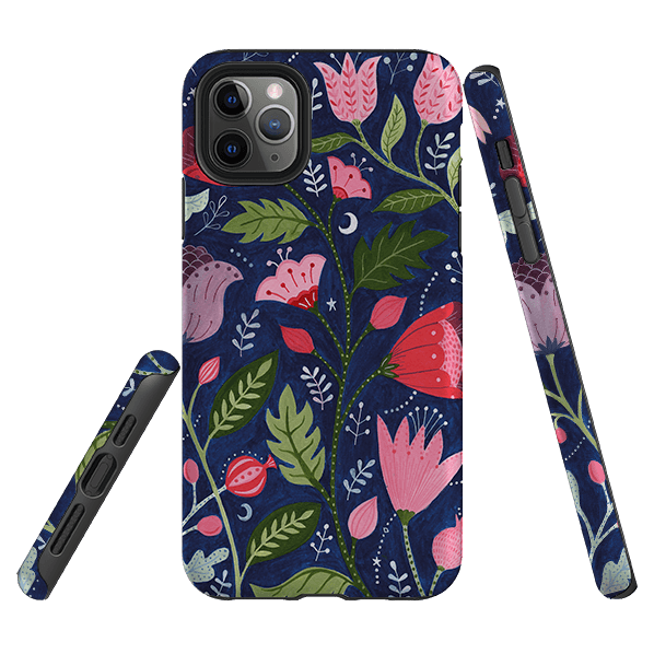 iPhone phone case-Flowers On Blue By Bex Parkin-Product Details Raised bevel to protect screen from scratches. Impact resistant polycarbonate shell and shock absorbing inner TPU liner. Secure fit with design wrapping around side of the case and full access to ports. Compatible with Qi-standard wireless charging. Thickness 1/8 inch (3mm), weight 30g. Compatibility See drop down menu for options, please select the right case as we print to order.-Stringberry