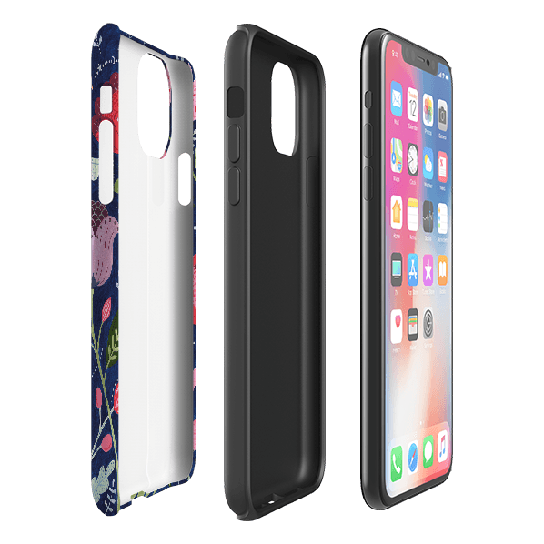 iPhone phone case-Flowers On Blue By Bex Parkin-Product Details Raised bevel to protect screen from scratches. Impact resistant polycarbonate shell and shock absorbing inner TPU liner. Secure fit with design wrapping around side of the case and full access to ports. Compatible with Qi-standard wireless charging. Thickness 1/8 inch (3mm), weight 30g. Compatibility See drop down menu for options, please select the right case as we print to order.-Stringberry