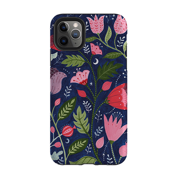 iPhone phone case-Flowers On Blue By Bex Parkin-Product Details Raised bevel to protect screen from scratches. Impact resistant polycarbonate shell and shock absorbing inner TPU liner. Secure fit with design wrapping around side of the case and full access to ports. Compatible with Qi-standard wireless charging. Thickness 1/8 inch (3mm), weight 30g. Compatibility See drop down menu for options, please select the right case as we print to order.-Stringberry