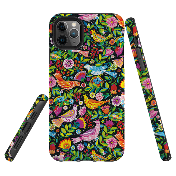 iPhone phone case-Folk Birds By Sarah Campbell-Product Details Raised bevel to protect screen from scratches. Impact resistant polycarbonate shell and shock absorbing inner TPU liner. Secure fit with design wrapping around side of the case and full access to ports. Compatible with Qi-standard wireless charging. Thickness 1/8 inch (3mm), weight 30g. Compatibility See drop down menu for options, please select the right case as we print to order.-Stringberry