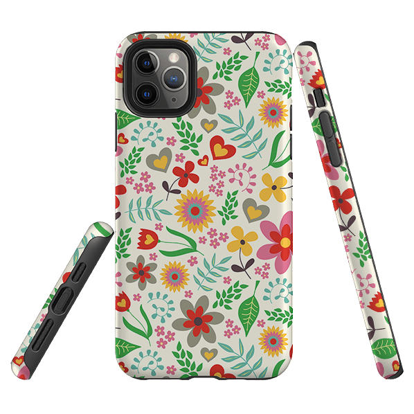 iPhone phone case-Folky Floral By Suzy Taylor-Product Details Raised bevel to protect screen from scratches. Impact resistant polycarbonate shell and shock absorbing inner TPU liner. Secure fit with design wrapping around side of the case and full access to ports. Compatible with Qi-standard wireless charging. Thickness 1/8 inch (3mm), weight 30g. Compatibility See drop down menu for options, please select the right case as we print to order.-Stringberry
