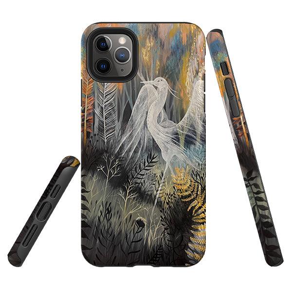 iPhone phone case-Ghost Heron By Mia Underwood-Product Details Raised bevel to protect screen from scratches. Impact resistant polycarbonate shell and shock absorbing inner TPU liner. Secure fit with design wrapping around side of the case and full access to ports. Compatible with Qi-standard wireless charging. Thickness 1/8 inch (3mm), weight 30g. Compatibility See drop down menu for options, please select the right case as we print to order.-Stringberry