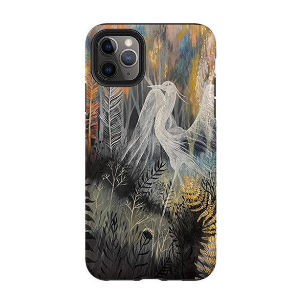 iPhone phone case-Ghost Heron By Mia Underwood-Product Details Raised bevel to protect screen from scratches. Impact resistant polycarbonate shell and shock absorbing inner TPU liner. Secure fit with design wrapping around side of the case and full access to ports. Compatible with Qi-standard wireless charging. Thickness 1/8 inch (3mm), weight 30g. Compatibility See drop down menu for options, please select the right case as we print to order.-Stringberry