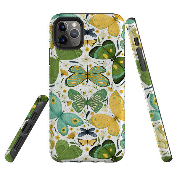 iPhone phone case-Green Butterflies By Maja Lindberg-Product Details Raised bevel to protect screen from scratches. Impact resistant polycarbonate shell and shock absorbing inner TPU liner. Secure fit with design wrapping around side of the case and full access to ports. Compatible with Qi-standard wireless charging. Thickness 1/8 inch (3mm), weight 30g. Compatibility See drop down menu for options, please select the right case as we print to order.-Stringberry