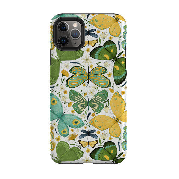 iPhone phone case-Green Butterflies By Maja Lindberg-Product Details Raised bevel to protect screen from scratches. Impact resistant polycarbonate shell and shock absorbing inner TPU liner. Secure fit with design wrapping around side of the case and full access to ports. Compatible with Qi-standard wireless charging. Thickness 1/8 inch (3mm), weight 30g. Compatibility See drop down menu for options, please select the right case as we print to order.-Stringberry