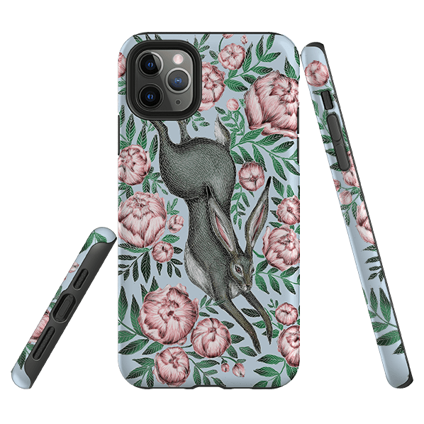 iPhone phone case-Hare And Peonies By Catherine Rowe-Product Details Raised bevel to protect screen from scratches. Impact resistant polycarbonate shell and shock absorbing inner TPU liner. Secure fit with design wrapping around side of the case and full access to ports. Compatible with Qi-standard wireless charging. Thickness 1/8 inch (3mm), weight 30g. Compatibility See drop down menu for options, please select the right case as we print to order.-Stringberry