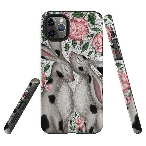 iPhone phone case-Hares And Peonies By Catherine Rowe-Product Details Raised bevel to protect screen from scratches. Impact resistant polycarbonate shell and shock absorbing inner TPU liner. Secure fit with design wrapping around side of the case and full access to ports. Compatible with Qi-standard wireless charging. Thickness 1/8 inch (3mm), weight 30g. Compatibility See drop down menu for options, please select the right case as we print to order.-Stringberry