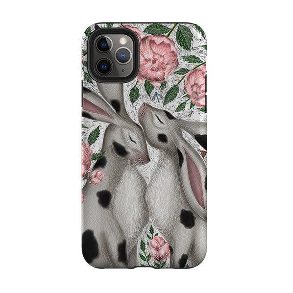 iPhone phone case-Hares And Peonies By Catherine Rowe-Product Details Raised bevel to protect screen from scratches. Impact resistant polycarbonate shell and shock absorbing inner TPU liner. Secure fit with design wrapping around side of the case and full access to ports. Compatible with Qi-standard wireless charging. Thickness 1/8 inch (3mm), weight 30g. Compatibility See drop down menu for options, please select the right case as we print to order.-Stringberry