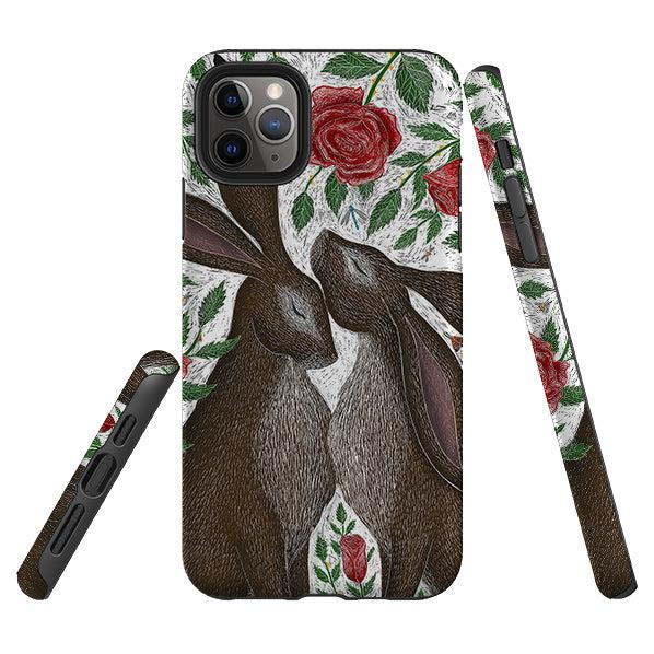 iPhone phone case-Hares And Red Roses By Catherine Rowe-Product Details Raised bevel to protect screen from scratches. Impact resistant polycarbonate shell and shock absorbing inner TPU liner. Secure fit with design wrapping around side of the case and full access to ports. Compatible with Qi-standard wireless charging. Thickness 1/8 inch (3mm), weight 30g. Compatibility See drop down menu for options, please select the right case as we print to order.-Stringberry