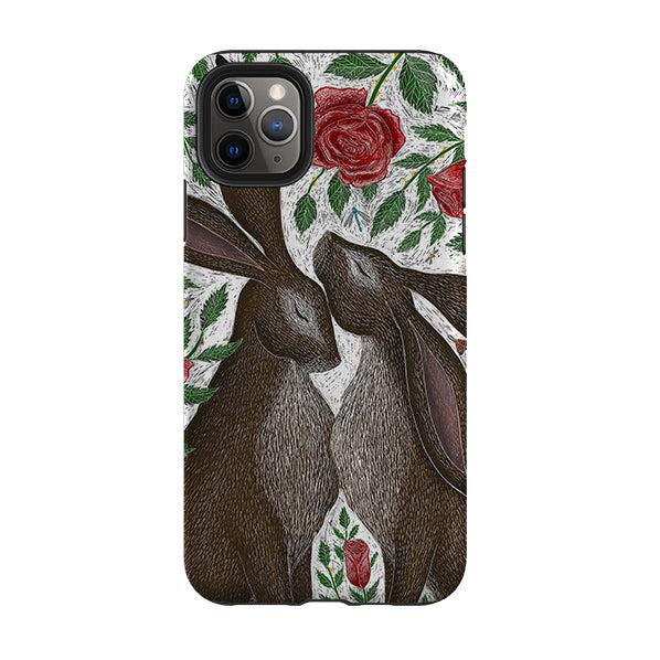 iPhone phone case-Hares And Red Roses By Catherine Rowe-Product Details Raised bevel to protect screen from scratches. Impact resistant polycarbonate shell and shock absorbing inner TPU liner. Secure fit with design wrapping around side of the case and full access to ports. Compatible with Qi-standard wireless charging. Thickness 1/8 inch (3mm), weight 30g. Compatibility See drop down menu for options, please select the right case as we print to order.-Stringberry