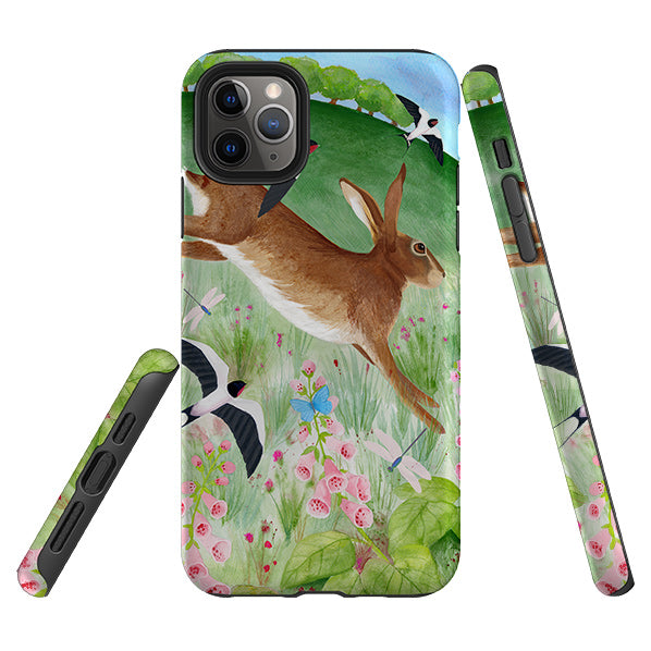 iPhone phone case-Hares And Swallows By Bex Parkin-Product Details Raised bevel to protect screen from scratches. Impact resistant polycarbonate shell and shock absorbing inner TPU liner. Secure fit with design wrapping around side of the case and full access to ports. Compatible with Qi-standard wireless charging. Thickness 1/8 inch (3mm), weight 30g. Compatibility See drop down menu for options, please select the right case as we print to order.-Stringberry