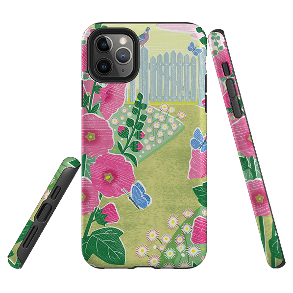 iPhone phone case-Hollyhocks By Liane Payne-Product Details Raised bevel to protect screen from scratches. Impact resistant polycarbonate shell and shock absorbing inner TPU liner. Secure fit with design wrapping around side of the case and full access to ports. Compatible with Qi-standard wireless charging. Thickness 1/8 inch (3mm), weight 30g. Compatibility See drop down menu for options, please select the right case as we print to order.-Stringberry