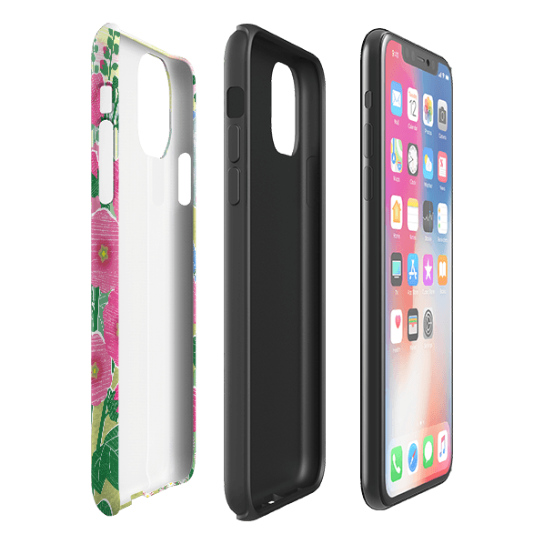 iPhone phone case-Hollyhocks By Liane Payne-Product Details Raised bevel to protect screen from scratches. Impact resistant polycarbonate shell and shock absorbing inner TPU liner. Secure fit with design wrapping around side of the case and full access to ports. Compatible with Qi-standard wireless charging. Thickness 1/8 inch (3mm), weight 30g. Compatibility See drop down menu for options, please select the right case as we print to order.-Stringberry