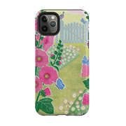 iPhone phone case-Hollyhocks By Liane Payne-Product Details Raised bevel to protect screen from scratches. Impact resistant polycarbonate shell and shock absorbing inner TPU liner. Secure fit with design wrapping around side of the case and full access to ports. Compatible with Qi-standard wireless charging. Thickness 1/8 inch (3mm), weight 30g. Compatibility See drop down menu for options, please select the right case as we print to order.-Stringberry