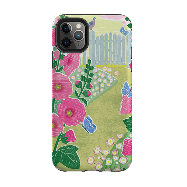 iPhone phone case-Hollyhocks By Liane Payne-Product Details Raised bevel to protect screen from scratches. Impact resistant polycarbonate shell and shock absorbing inner TPU liner. Secure fit with design wrapping around side of the case and full access to ports. Compatible with Qi-standard wireless charging. Thickness 1/8 inch (3mm), weight 30g. Compatibility See drop down menu for options, please select the right case as we print to order.-Stringberry