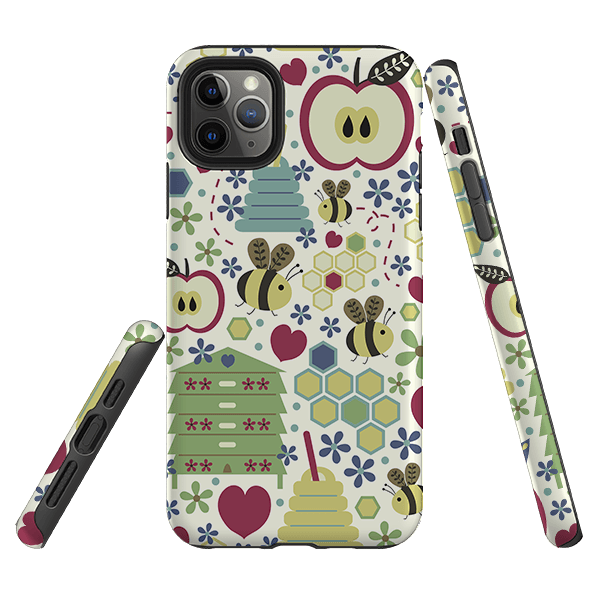 iPhone phone case-Honey Bees By Suzy Taylor-Product Details Raised bevel to protect screen from scratches. Impact resistant polycarbonate shell and shock absorbing inner TPU liner. Secure fit with design wrapping around side of the case and full access to ports. Compatible with Qi-standard wireless charging. Thickness 1/8 inch (3mm), weight 30g. Compatibility See drop down menu for options, please select the right case as we print to order.-Stringberry