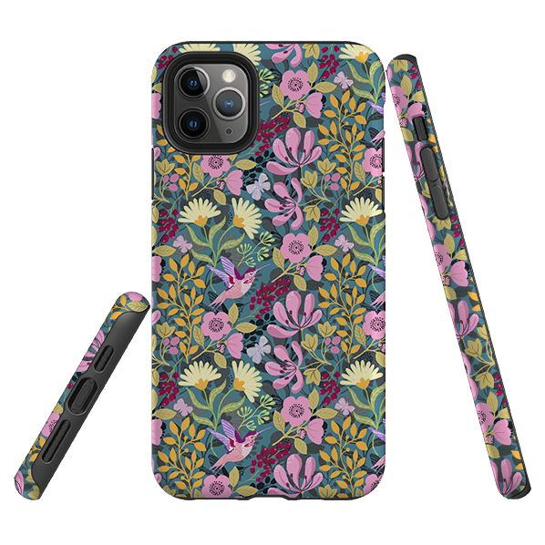 iPhone phone case-Hummingbird Pattern By Bex Parkin-Product Details Raised bevel to protect screen from scratches. Impact resistant polycarbonate shell and shock absorbing inner TPU liner. Secure fit with design wrapping around side of the case and full access to ports. Compatible with Qi-standard wireless charging. Thickness 1/8 inch (3mm), weight 30g. Compatibility See drop down menu for options, please select the right case as we print to order.-Stringberry