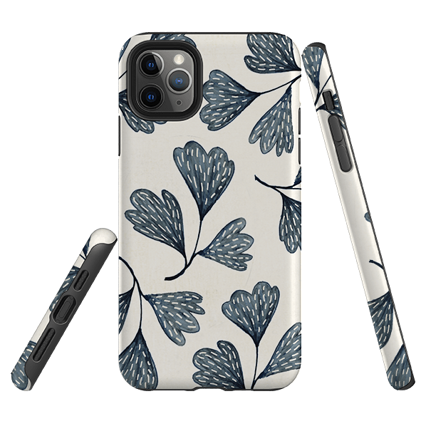 iPhone phone case-Indigo Leaves By Katherine Quinn-Product Details Raised bevel to protect screen from scratches. Impact resistant polycarbonate shell and shock absorbing inner TPU liner. Secure fit with design wrapping around side of the case and full access to ports. Compatible with Qi-standard wireless charging. Thickness 1/8 inch (3mm), weight 30g. Compatibility See drop down menu for options, please select the right case as we print to order.-Stringberry