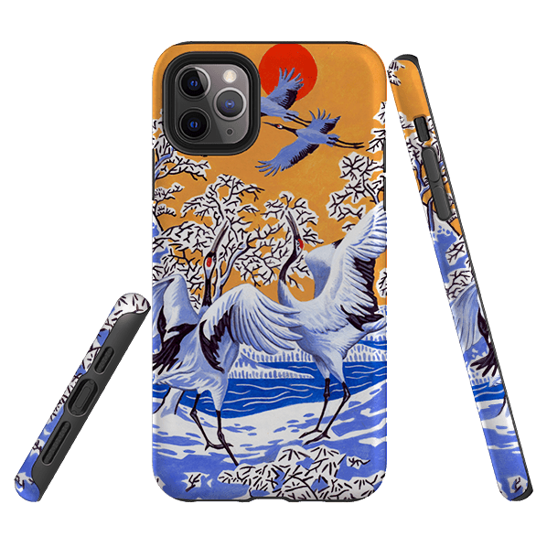iPhone phone case-Japanese Cranes By Philip Hood-Product Details Raised bevel to protect screen from scratches. Impact resistant polycarbonate shell and shock absorbing inner TPU liner. Secure fit with design wrapping around side of the case and full access to ports. Compatible with Qi-standard wireless charging. Thickness 1/8 inch (3mm), weight 30g. Compatibility See drop down menu for options, please select the right case as we print to order.-Stringberry