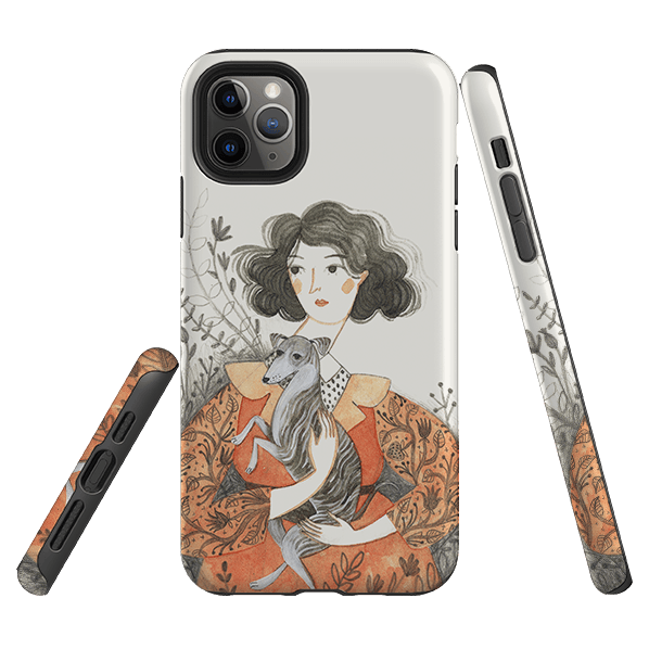 iPhone phone case-Lady With Whippet By Meghann Rader-Product Details Raised bevel to protect screen from scratches. Impact resistant polycarbonate shell and shock absorbing inner TPU liner. Secure fit with design wrapping around side of the case and full access to ports. Compatible with Qi-standard wireless charging. Thickness 1/8 inch (3mm), weight 30g. Compatibility See drop down menu for options, please select the right case as we print to order.-Stringberry