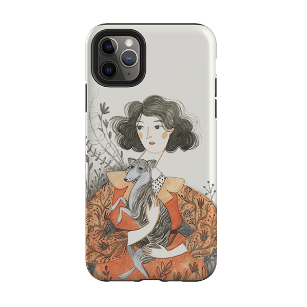 iPhone phone case-Lady With Whippet By Meghann Rader-Product Details Raised bevel to protect screen from scratches. Impact resistant polycarbonate shell and shock absorbing inner TPU liner. Secure fit with design wrapping around side of the case and full access to ports. Compatible with Qi-standard wireless charging. Thickness 1/8 inch (3mm), weight 30g. Compatibility See drop down menu for options, please select the right case as we print to order.-Stringberry