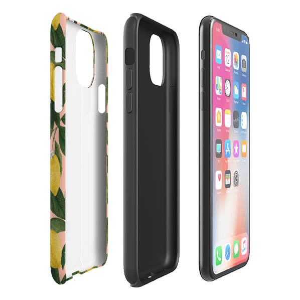 iPhone phone case-Lemons By Jade Mosinski-Product Details Raised bevel to protect screen from scratches. Impact resistant polycarbonate shell and shock absorbing inner TPU liner. Secure fit with design wrapping around side of the case and full access to ports. Compatible with Qi-standard wireless charging. Thickness 1/8 inch (3mm), weight 30g. Compatibility See drop down menu for options, please select the right case as we print to order.-Stringberry