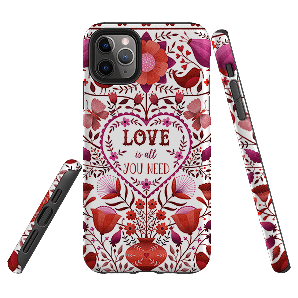 iPhone phone case-Love Is All You Need By Suzy Taylor-Product Details Raised bevel to protect screen from scratches. Impact resistant polycarbonate shell and shock absorbing inner TPU liner. Secure fit with design wrapping around side of the case and full access to ports. Compatible with Qi-standard wireless charging. Thickness 1/8 inch (3mm), weight 30g. Compatibility See drop down menu for options, please select the right case as we print to order.-Stringberry