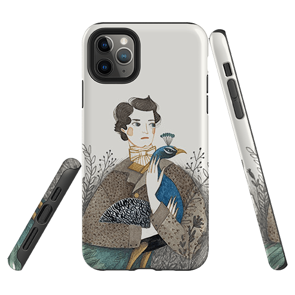 iPhone phone case-Man With Peacock By Meghann Rader-Product Details Raised bevel to protect screen from scratches. Impact resistant polycarbonate shell and shock absorbing inner TPU liner. Secure fit with design wrapping around side of the case and full access to ports. Compatible with Qi-standard wireless charging. Thickness 1/8 inch (3mm), weight 30g. Compatibility See drop down menu for options, please select the right case as we print to order.-Stringberry