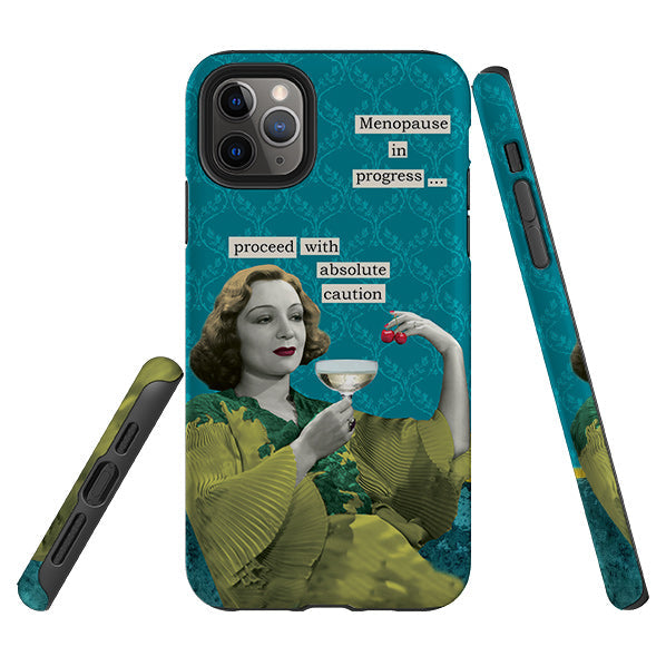 iPhone phone case-Menopause In Progress By Clare Jordan-Product Details Raised bevel to protect screen from scratches. Impact resistant polycarbonate shell and shock absorbing inner TPU liner. Secure fit with design wrapping around side of the case and full access to ports. Compatible with Qi-standard wireless charging. Thickness 1/8 inch (3mm), weight 30g. Compatibility See drop down menu for options, please select the right case as we print to order.-Stringberry