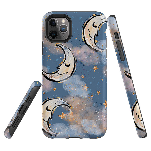iPhone phone case-Moon And Stars-Product Details Raised bevel to protect screen from scratches. Impact resistant polycarbonate shell and shock absorbing inner TPU liner. Secure fit with design wrapping around side of the case and full access to ports. Compatible with Qi-standard wireless charging. Thickness 1/8 inch (3mm), weight 30g. Compatibility See drop down menu for options, please select the right case as we print to order.-Stringberry