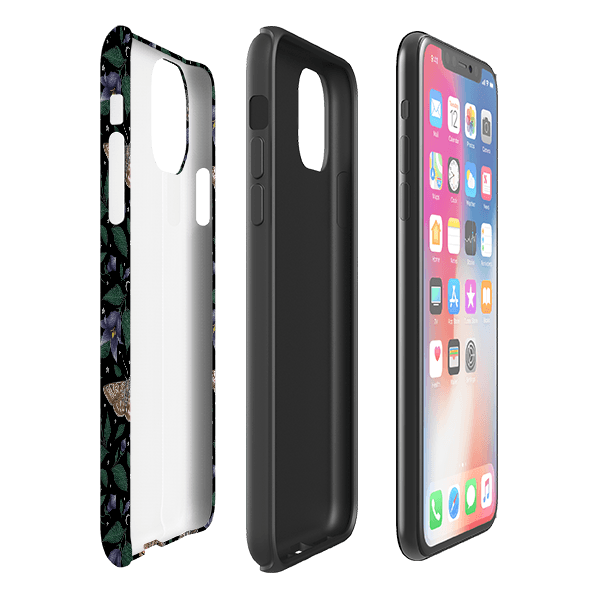 iPhone phone case-Moths By Catherine Rowe-Product Details Raised bevel to protect screen from scratches. Impact resistant polycarbonate shell and shock absorbing inner TPU liner. Secure fit with design wrapping around side of the case and full access to ports. Compatible with Qi-standard wireless charging. Thickness 1/8 inch (3mm), weight 30g. Compatibility See drop down menu for options, please select the right case as we print to order.-Stringberry