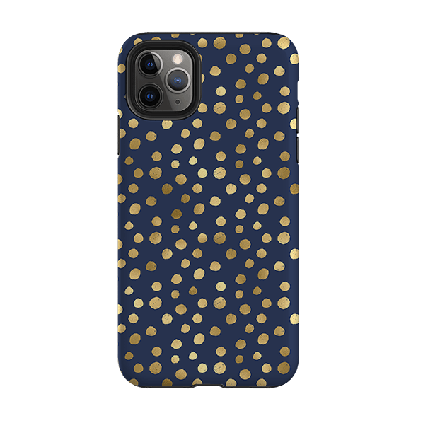 iPhone phone case-Navy Polka-Product Details Raised bevel to protect screen from scratches. Impact resistant polycarbonate shell and shock absorbing inner TPU liner. Secure fit with design wrapping around side of the case and full access to ports. Compatible with Qi-standard wireless charging. Thickness 1/8 inch (3mm), weight 30g. Compatibility See drop down menu for options, please select the right case as we print to order.-Stringberry