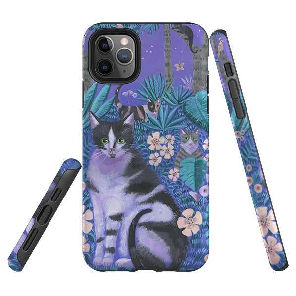 iPhone phone case-Night Cats 2 By Mary Stubberfield-Product Details Raised bevel to protect screen from scratches. Impact resistant polycarbonate shell and shock absorbing inner TPU liner. Secure fit with design wrapping around side of the case and full access to ports. Compatible with Qi-standard wireless charging. Thickness 1/8 inch (3mm), weight 30g. Compatibility See drop down menu for options, please select the right case as we print to order.-Stringberry