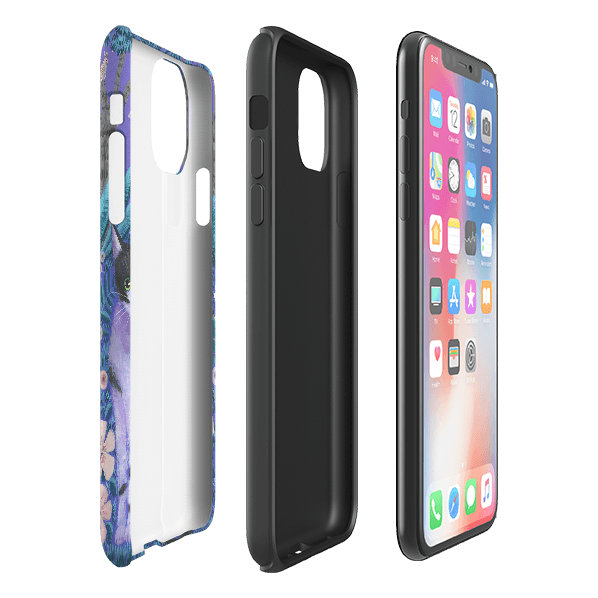 iPhone phone case-Night Cats 2 By Mary Stubberfield-Product Details Raised bevel to protect screen from scratches. Impact resistant polycarbonate shell and shock absorbing inner TPU liner. Secure fit with design wrapping around side of the case and full access to ports. Compatible with Qi-standard wireless charging. Thickness 1/8 inch (3mm), weight 30g. Compatibility See drop down menu for options, please select the right case as we print to order.-Stringberry