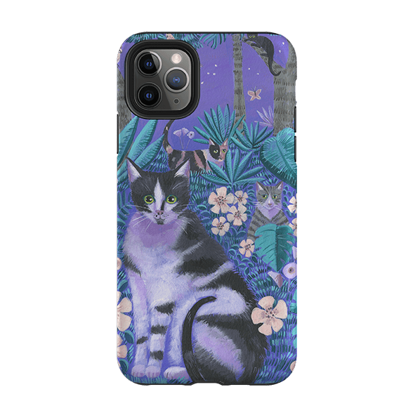 iPhone phone case-Night Cats 2 By Mary Stubberfield-Product Details Raised bevel to protect screen from scratches. Impact resistant polycarbonate shell and shock absorbing inner TPU liner. Secure fit with design wrapping around side of the case and full access to ports. Compatible with Qi-standard wireless charging. Thickness 1/8 inch (3mm), weight 30g. Compatibility See drop down menu for options, please select the right case as we print to order.-Stringberry