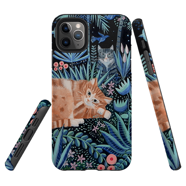 iPhone phone case-Night Cats By Mary Stubberfield-Product Details Raised bevel to protect screen from scratches. Impact resistant polycarbonate shell and shock absorbing inner TPU liner. Secure fit with design wrapping around side of the case and full access to ports. Compatible with Qi-standard wireless charging. Thickness 1/8 inch (3mm), weight 30g. Compatibility See drop down menu for options, please select the right case as we print to order.-Stringberry